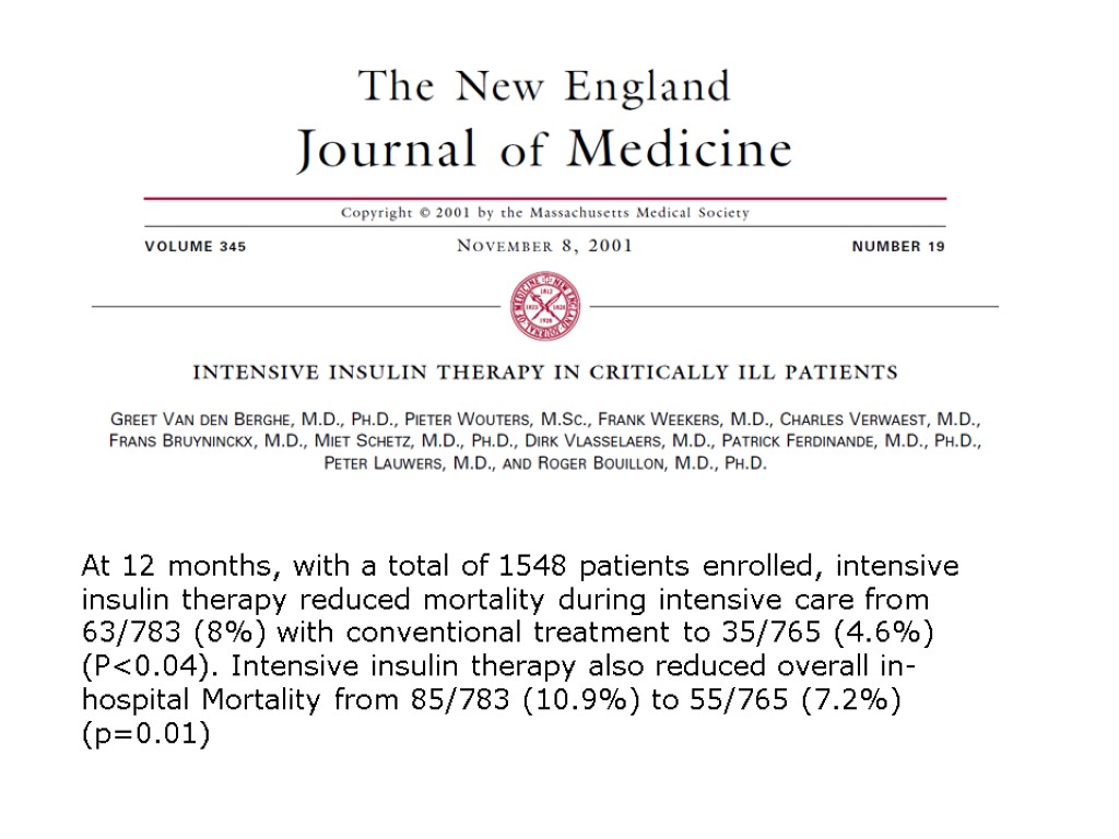 At 12 months, with a total of 1548 patients enrolled, intensive insulin therapy reduced